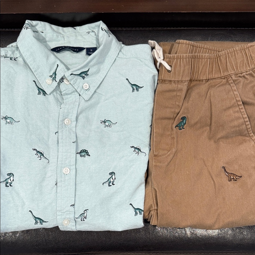 Janie and Jack Matching Light Blue Dinosaur Print Cotton Shirt and Pants